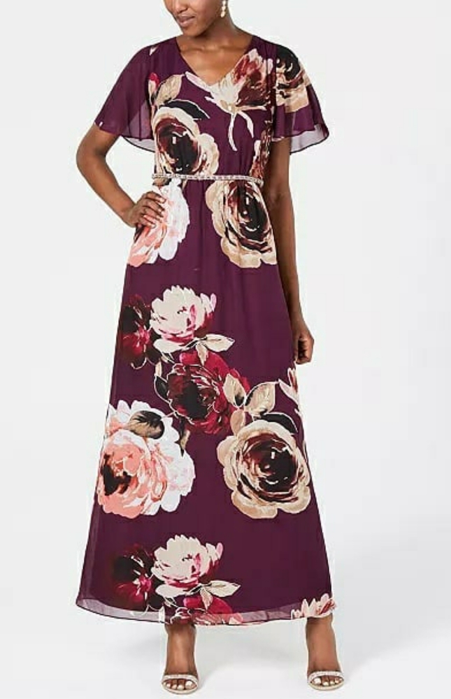 SL Fashions Embellished Floral-Print Gown Purple